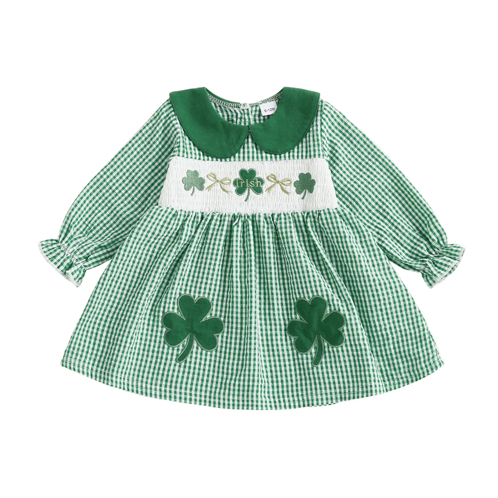 Toddler Girl Irish Dress Long Sleeve Shamrock Embroidery Plaid Dress Baby Spring Outfit
