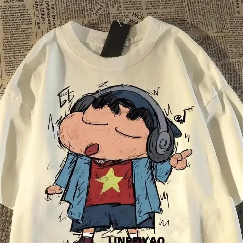 Crayon Shinchan Anime T-Shirt, Cute Stacked Character Cotton Loose Streetwear Tee
