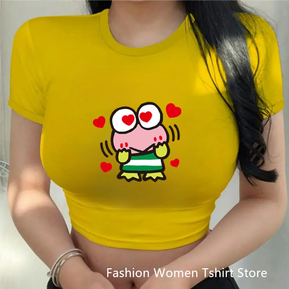 Kawaii Print Female Clothing Cartoon Y2k Party Kero Kero Keroppi Summer Crop Tops  Fashion Sexy Slim Fit Women's T-shirt