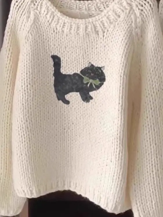 

Женский укороченный свитер большого размера с мультяшным принтом, свободный крой, осенне-зимний, повседневный топ из полиэстера, круглый вырез, укороченная длина