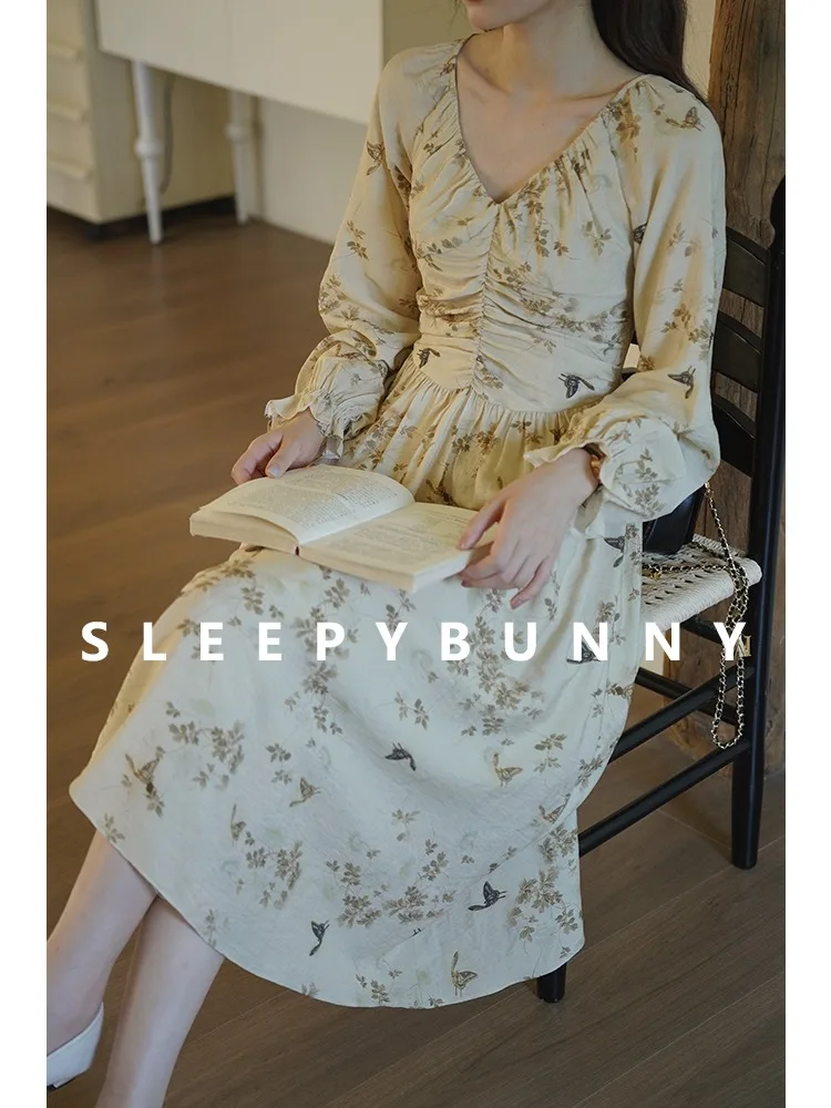 

Elegant Floral Midi Dress Women Spring 2025 V-Neck Long Sleeve A-Line Dress High Waist Slim Fit Vintage Printed Casual Outfit