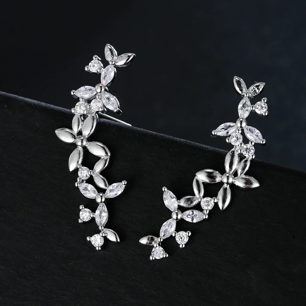 Fashion Flower Shape Zirconia Cuff Stud Earrings for Women Streetwear CZ Crystal Ear Studs Jewelry Boucle Oreille Femme