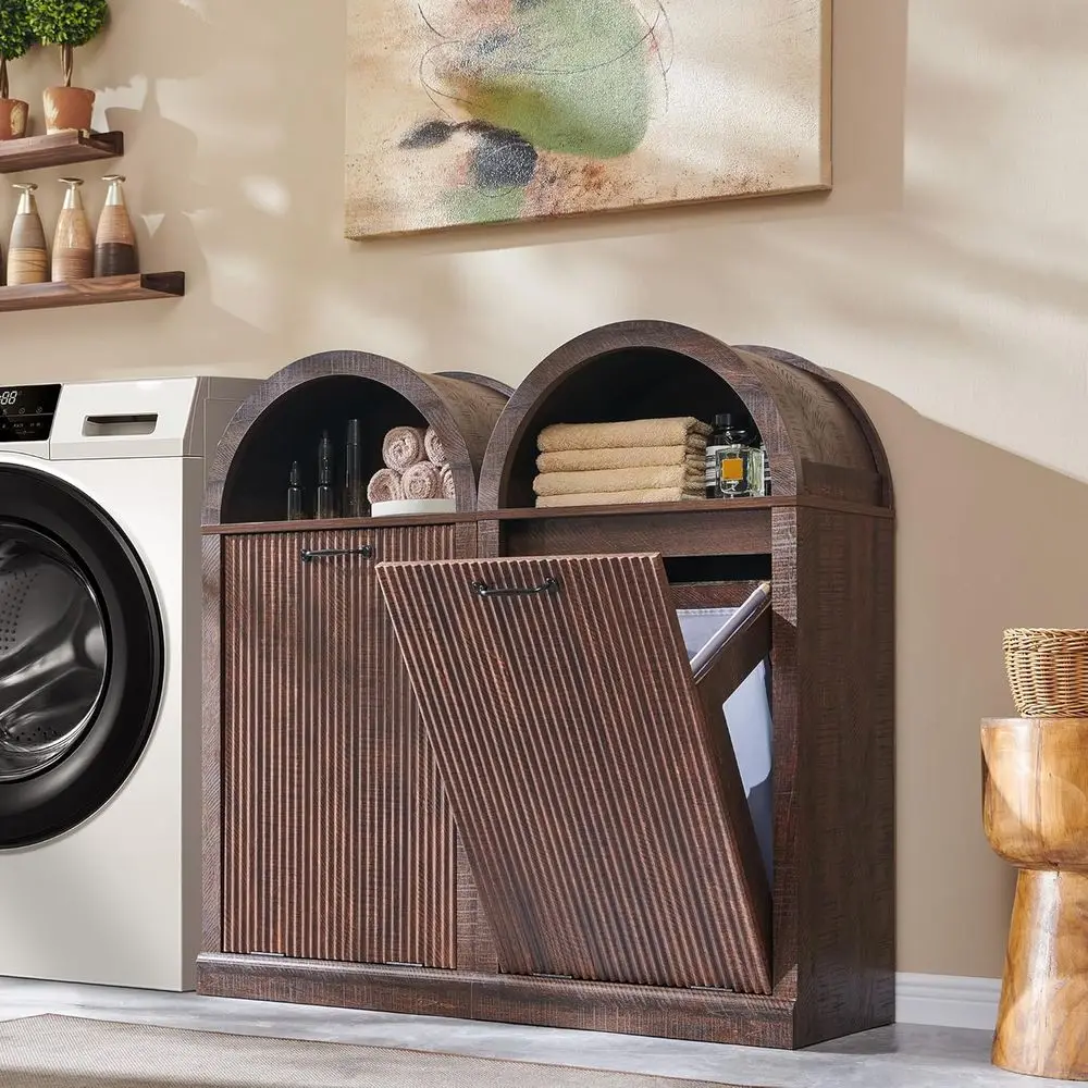 Arched -Out Trash Can Cabinet, luted 10 Gallon Trash Can Cabinet Set o 2, ern Laundry Hamper, Hidden Garbage with Storage Basket
