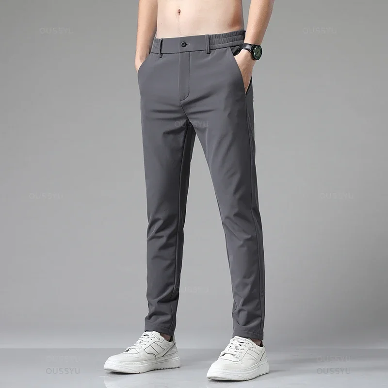 

Brand Spring Summer Stretch Pants Men Thin Elastic Waist Business Straight Classic Solid Color Casual Trouser Male S167