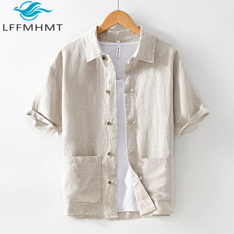 

100% Linen Shirt for Men Summer Fashion Chinese Style Short Sleeve Vintage Buttons Brethable Healthy Coats