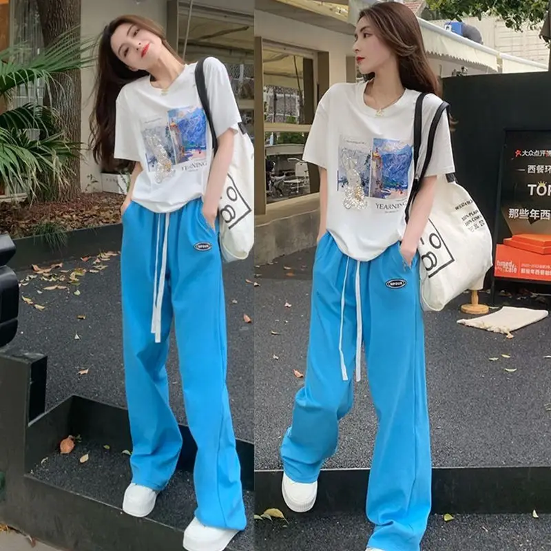 패션 여성 세트 봄과 여름 한국어 버전 간단한 반팔 루즈 캐주얼 와이드 레그 팬츠 투피스 세트