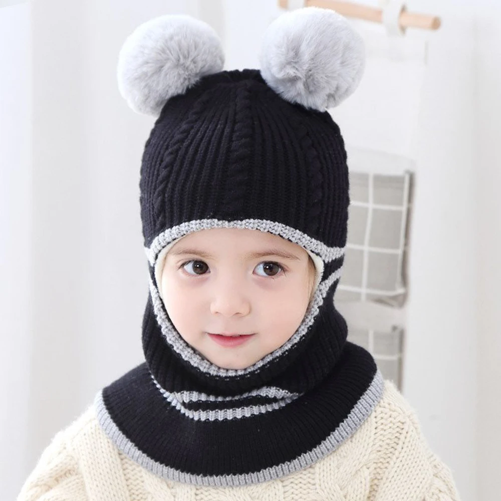 Children\'s Caps Boys Girls Knitted Woolen Beanie Hat Winter Baby Warm Hats With Scarf Cover For Kids 1-6 Year Windproof Cap