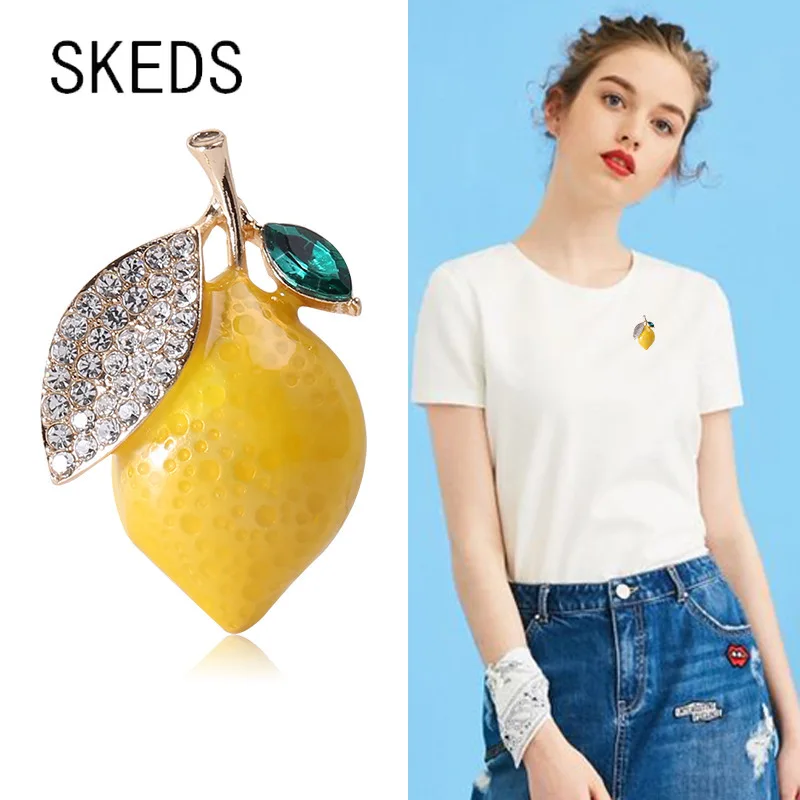 SKEDS Cute Yellow Lemon Crystal Enamel Brooches For Women Kids Fruit Jewelry Wedding Party Orange Causal Brooch Pins Corsage