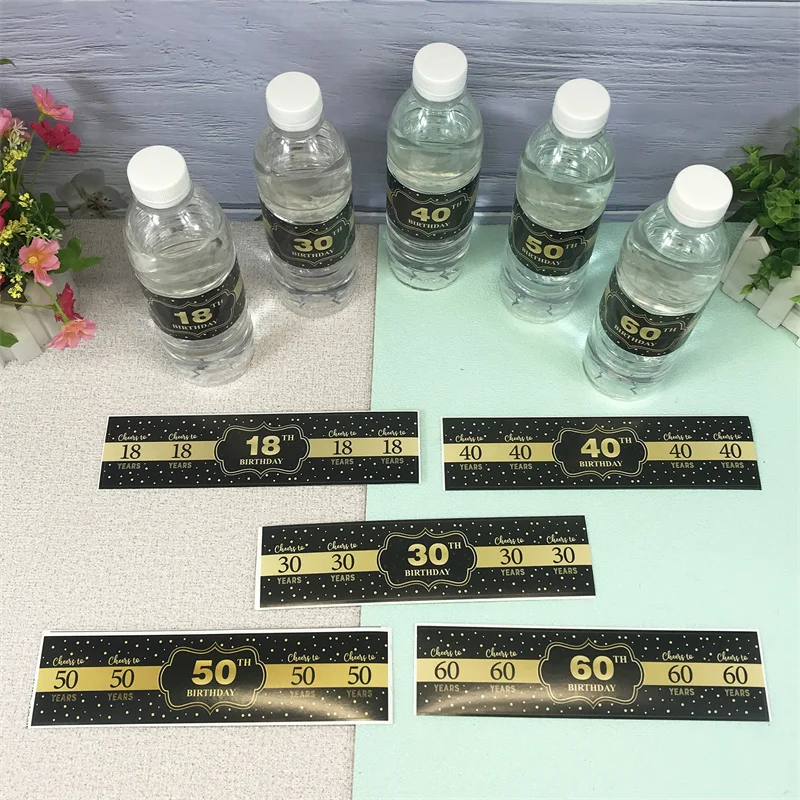 

10Pcs 18/30/40/50/60th Birthday Water Bottle Labels Black Gold Cheers to Years Bottle Stickers for Adult Birthday Party Decor