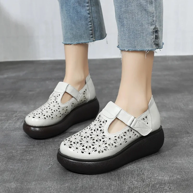 

2025 Spring Summer Hollow Genuine Leather Shoes Sandals Platform Increase Shoes Wedges High Heels Large Size Women Shoes