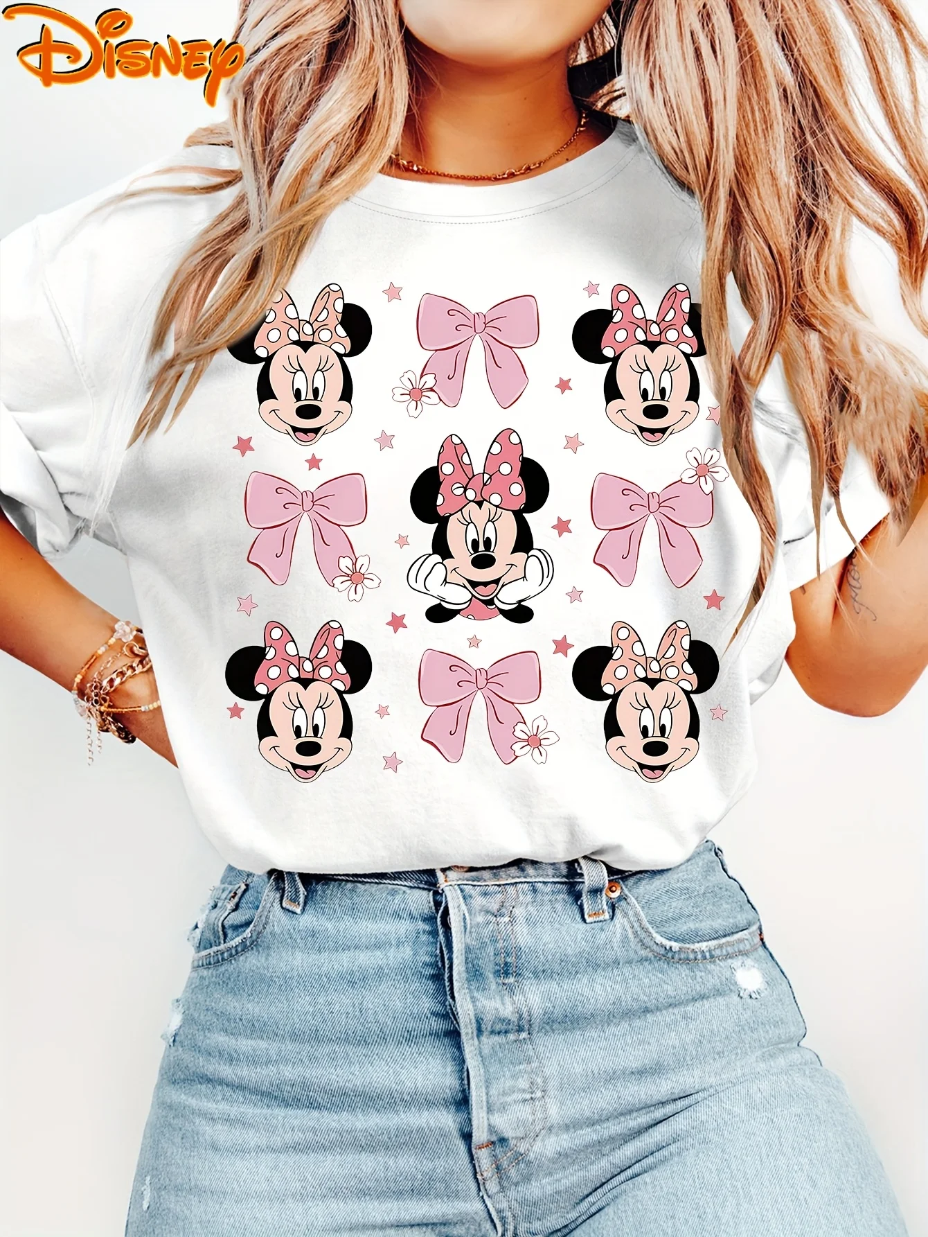 2025 Disney Pattern Printed Women's Casual Comfortable Unique Smiling Face Black Round Neck Short Sleeve T-shirt