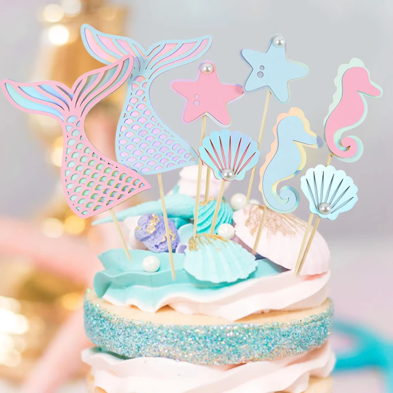 

Mermaid Tail Cupcake Topper Seahorse Starfish Shell Decor for Baby Shower Wedding Birthday Party Supply Mermaid Theme Cake Decor