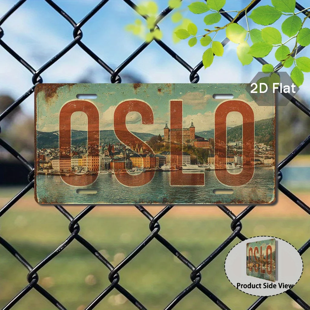 2D Flat Printing Vintage Oslo City Aluminum License Plate Wall Art (29.97cm x 14.99cm), Nordic Retro Home Decor