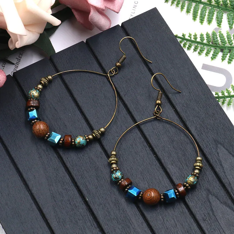 Bohemian Ethnic Big Round Earrings for Women Vintage Natural Stone Wooden Beads Circle Earrings Jhumka Party Travel Bijoux Femme