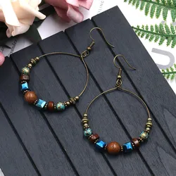 Bohemian Ethnic Big Round Earrings for Women Vintage Natural Stone Wooden Beads Circle Earrings Jhumka Party Travel Bijoux Femme