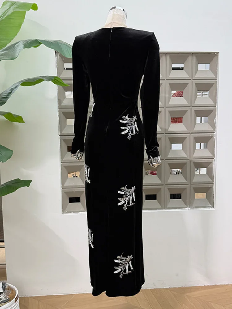 DFDG 2025 Autunno Primavera Abito elegante da donna con scollo a V in velluto floreale a maniche lunghe aderente Abito maxi con spacco alto Abito versatile