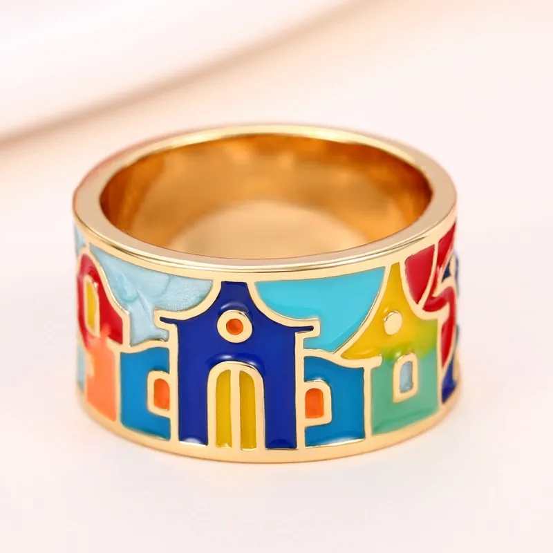 Huitan Newly Designed Enamel Rings for Women Houses Pattern Handmade Female Ring Temperament Finger Accessory Fancy Gift Jewelry