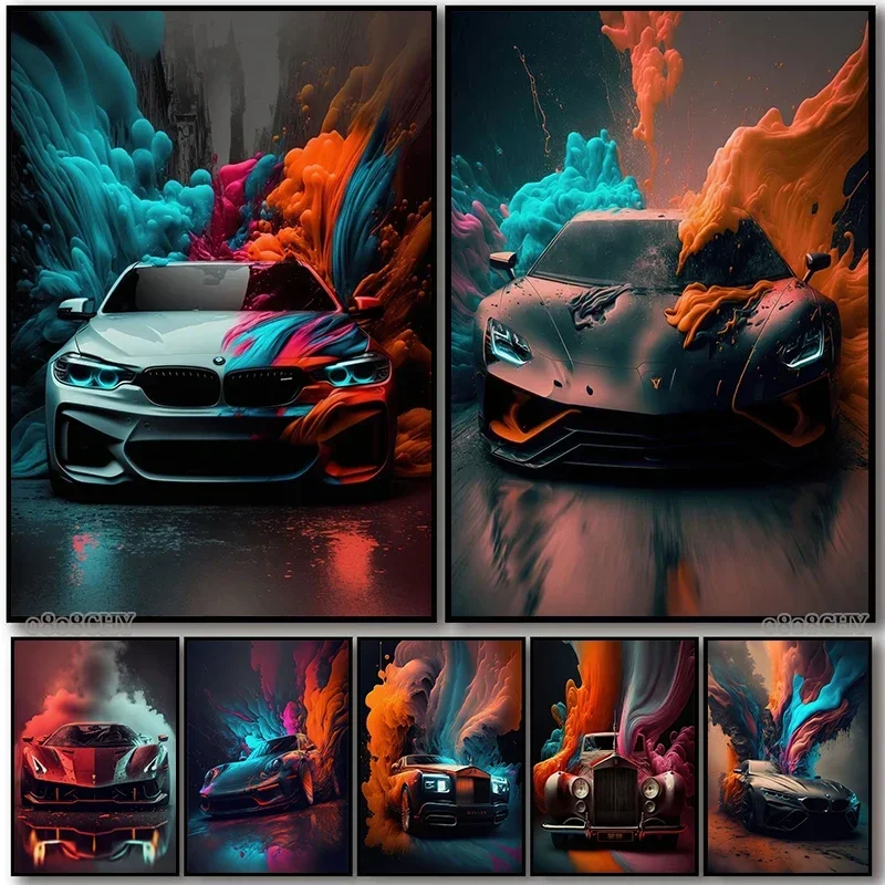 Modern Futuristic Cars Canvas Panting Color Radiation Cool Supercar Posters and Prints Wall Art Pictures for Home Bar Wall De