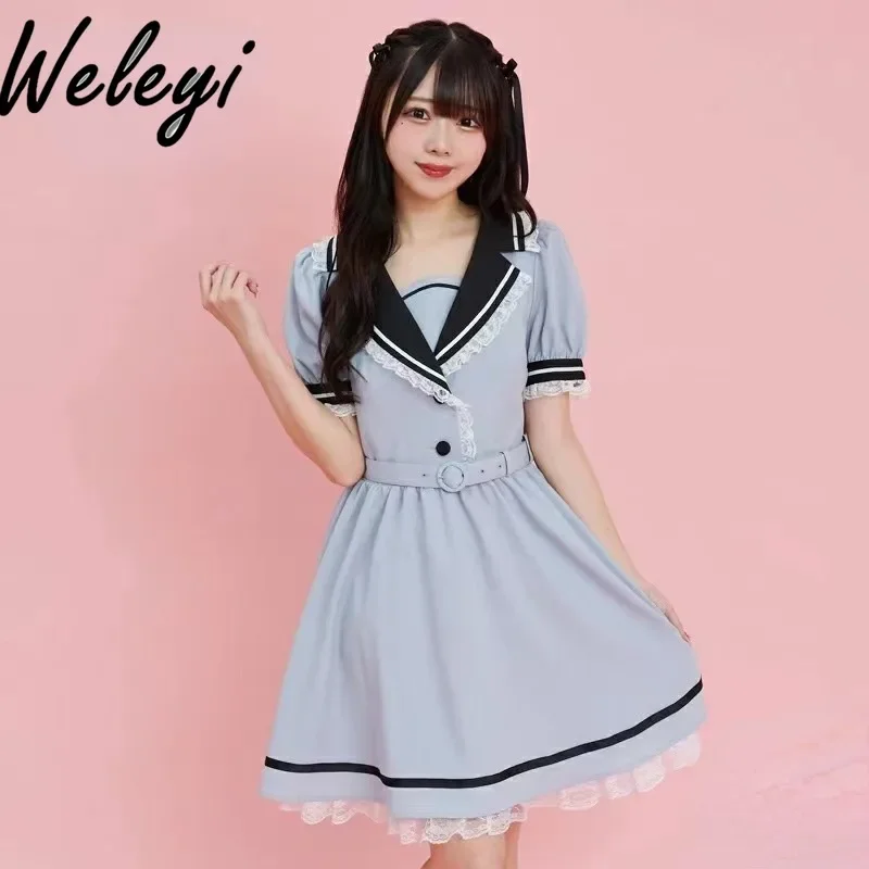 Lolita Kawaii Women Dresses for Women 2024 New Summer Cutecore Preppy Retro Style Belt Lace Mass Production Lapel Sweet Sukienki