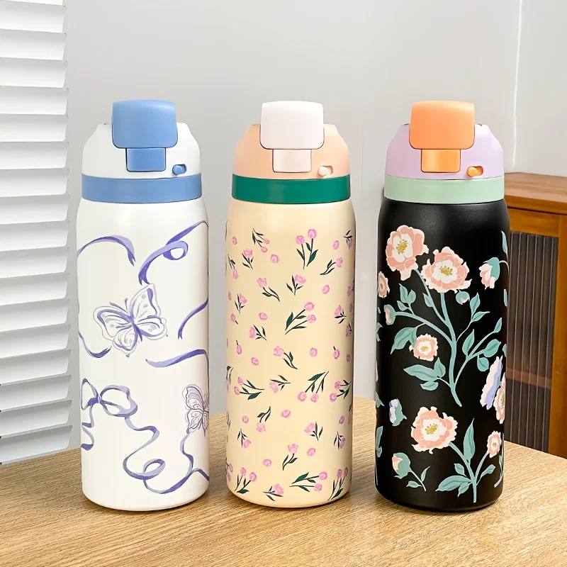 1pc  Floral Thermos Cup, 1000ML Large Capacity Stainless Steel Water Bottle, Dual Drink Design with Handle for Outdoor Sports