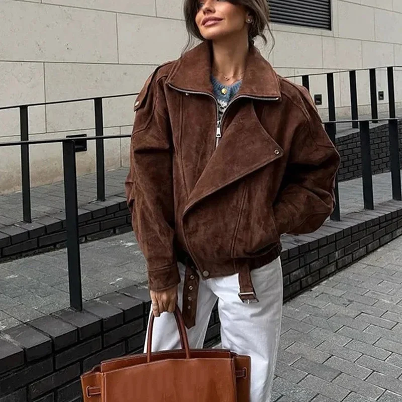 

Spring New Arrival Women's Loose Fit Zipper Long Sve Collared ort Jaet Coat Retro Sle Commute Faion Polyester Fiber