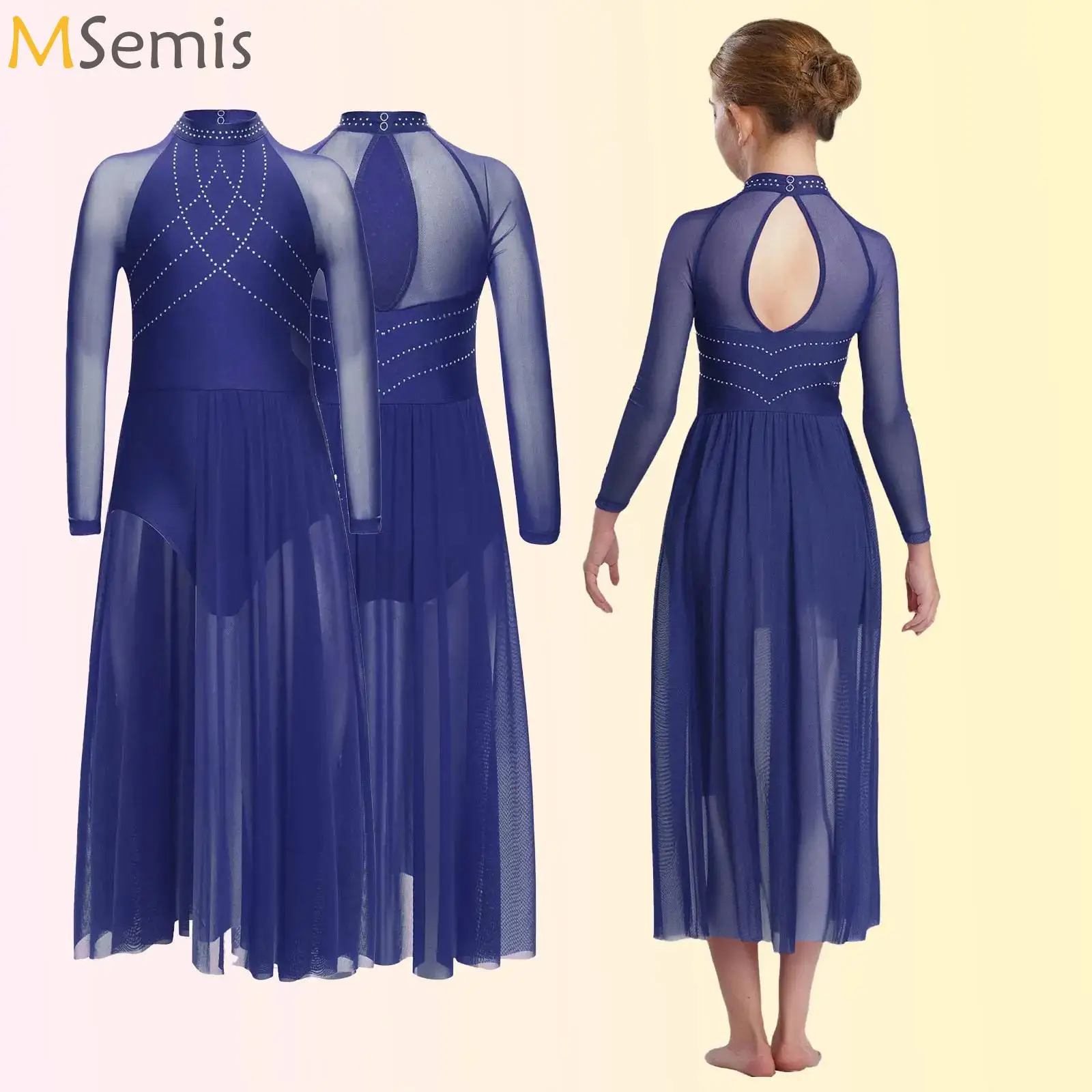 

Kids Girl Lyrical Modern Dance Dress Shiny Rhinestones Sheer Mesh Split Ballet Gymnastics Figure Skating Leotard Dress Dancewear