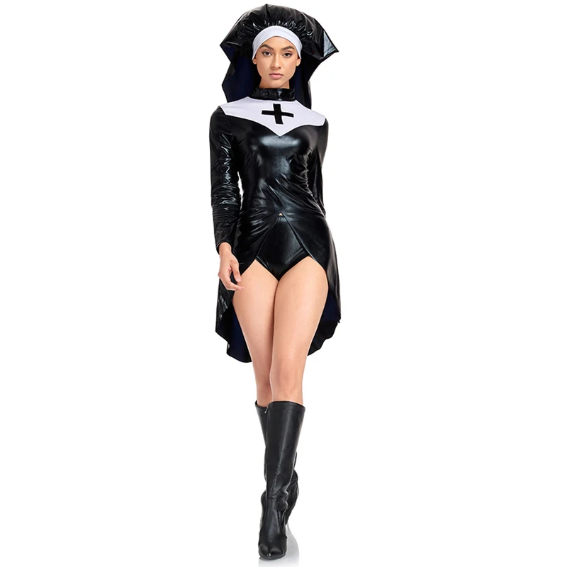 Combhasaki Women's Halloween Pu Nun Costumes Long Sleeve Contrast Color High Neck Cross Party Split Dress with Shorts + Hat Set