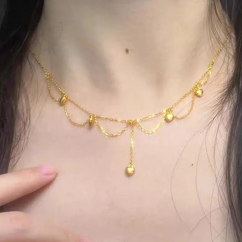 فاخر 24K 9999 الذهب الخالص الذهب الحقيقي الدانتيل خمسة الخوخ القلب سلسلة ضوء الفاخرة الجوف شرابة سلسلة الترقوة #4