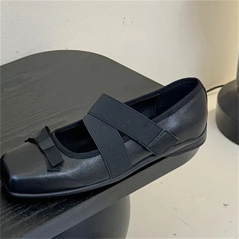 

Butterfly-knot Shoes for Ladies Square Toes Low Heels Sewing Lines Mary Janes Shallow Womens Leather Luxury Solid Zapatos Mujer