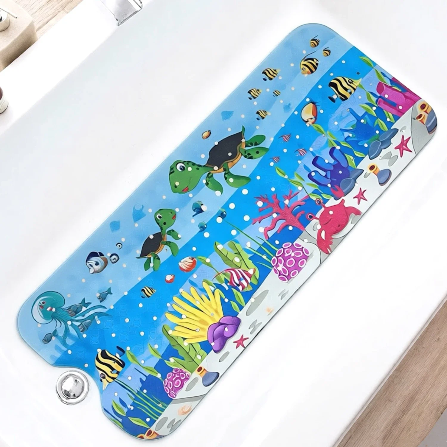 Cartoon bathtub mat with suction cups, 40x100cm, non-slip design.