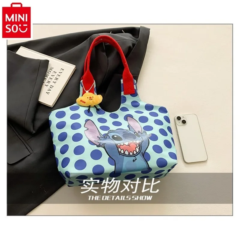 MINISO Disney Cute Stitch Printed High Quality Nylon Large Capacity Storage Bag Student Fashion Casual Commuter Tote Bag