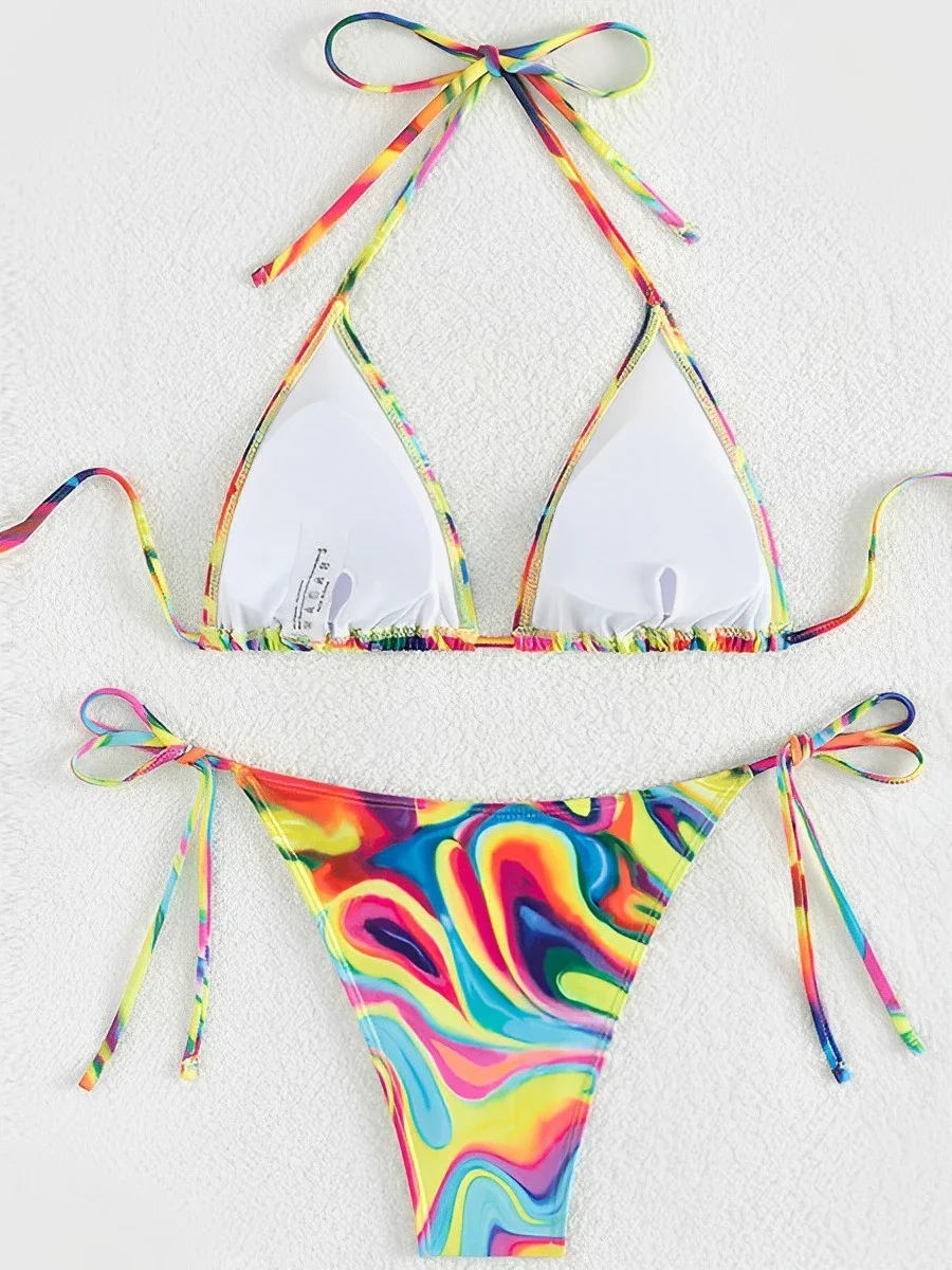 2025 Halter String Triangle Bikini Printed Swimsuit Women Sexy Swimwear Female Bathers Bathing Swimming Swim Suit Beachwear