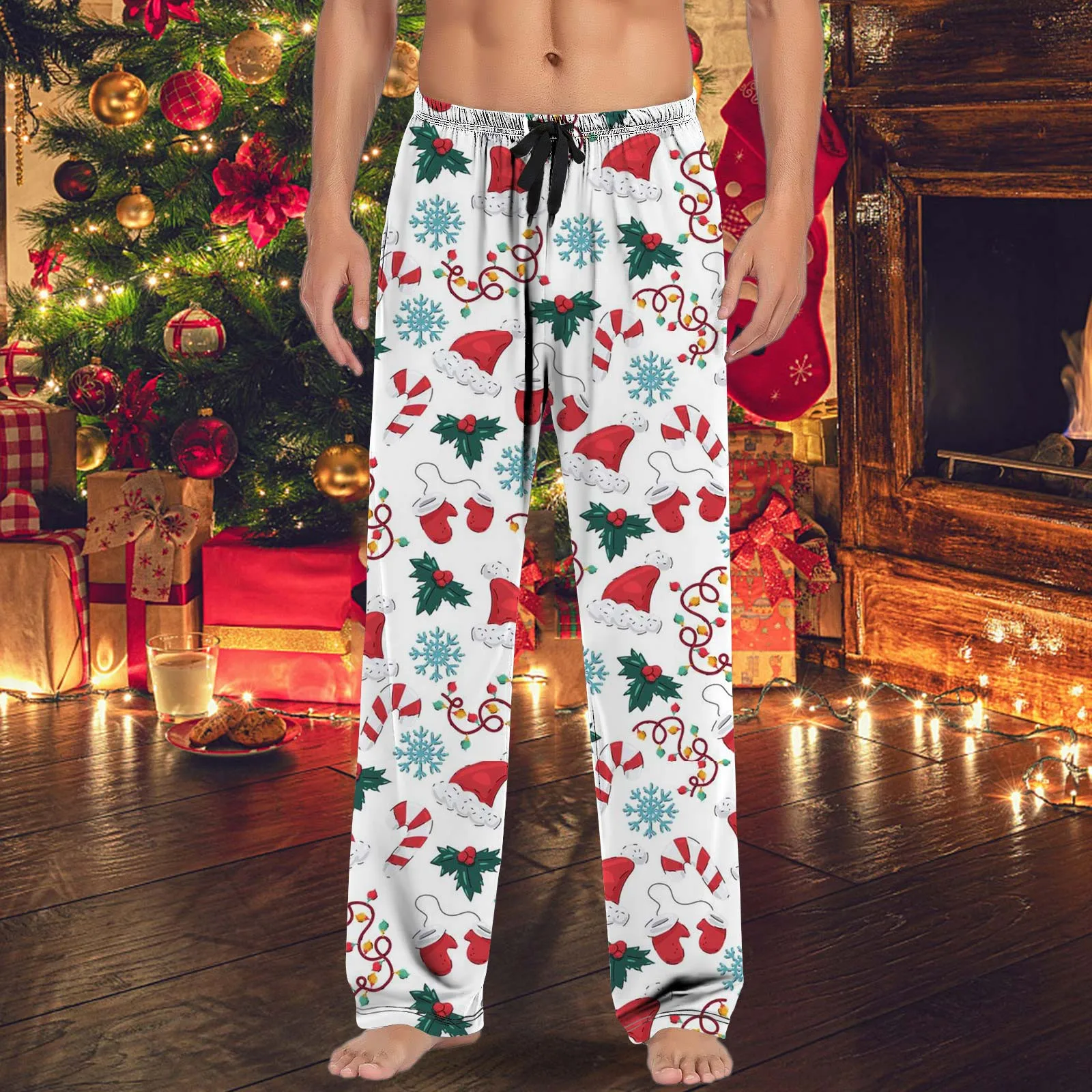 Fashionable Christmas Printing Pants For Men Drawstring Elastic Waisted Loose Fitting Casual Christmas Pants With Pockets