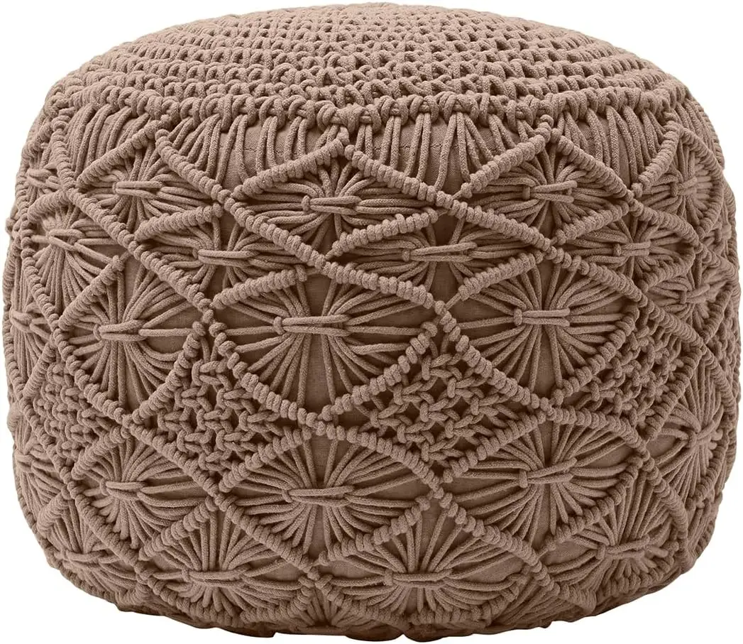 Pouf Ottoman Foot Rest - 100% Cotton Pouffe - Hand Knitted Macrame Braid - Boho Round Stuffed Ottoman for Living Room, Bedroom