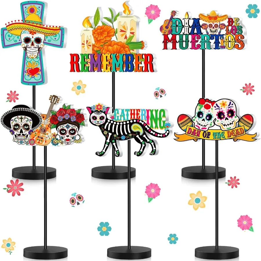 6 Pcs Dia De Los Muertos Decoration Day of The Dead Altar Table Centerpiece Wooden Sugar Skull Decor Tall Standing Mexican Hal