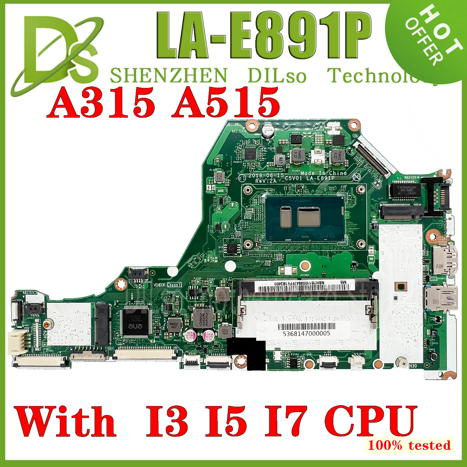 

KEFU C5V01 LA-E891P FOR Acer Aspire A315-53 A515-51 A515-51G A615-51 Notebook Computer Motherboard I3 I5 I7 100% Arbeits