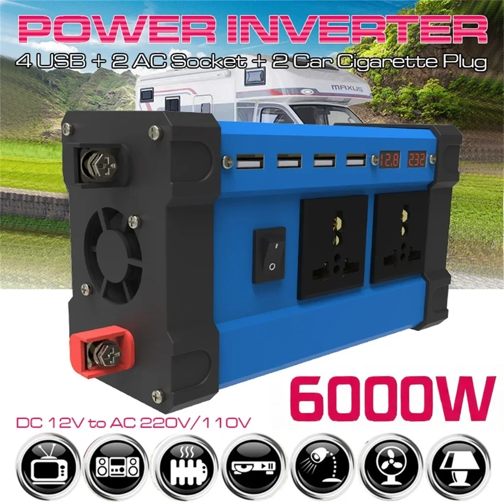 6000W Modified Sine Wave Car Power Inverter, DC 12V to AC 110V/220V Portable Transformer with USB Port for Auto Use