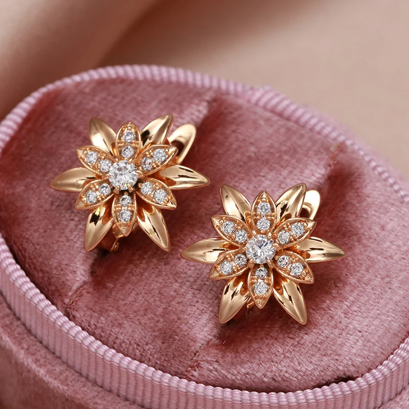 2022 New Carve Metal Flower Natural Zircon Women's Earrings 585 Gold Party Unusual Earrings Girls Exaggerated Earring Jewelry