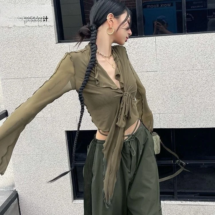 

Футболка Slim Fit Long Sve, женская новая верхняя одежда Sle, V-Ne, прозрачный топ с поясом и пупком, Baring Bell Sve ort Top