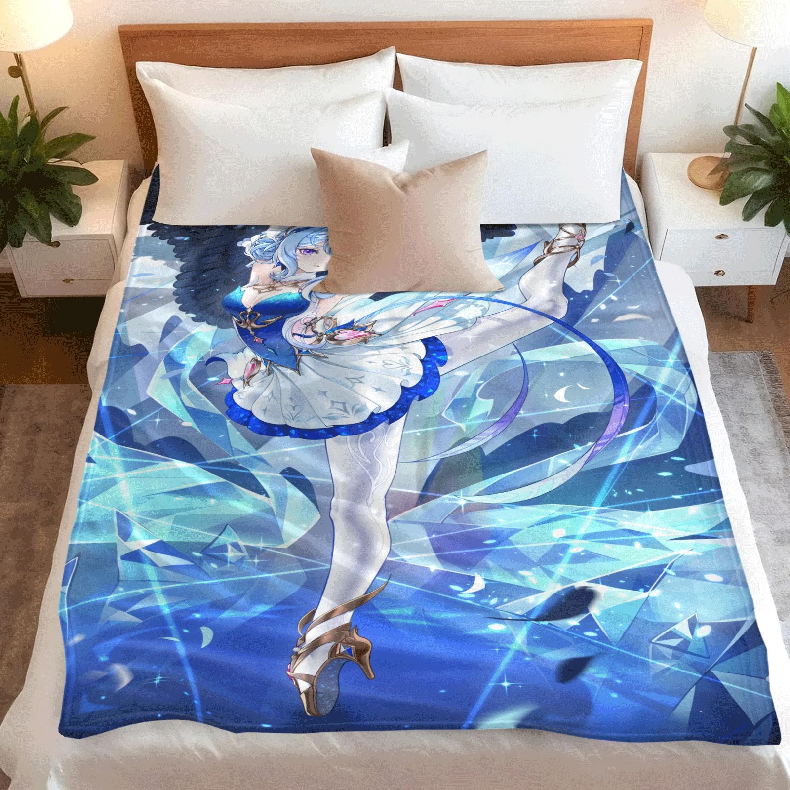 Anime Flannel Throw Blanket Robin Print Light Blue Hair Girl Ballet Pose Black Swan Warm Sofa Bed Blanket Fan Gift