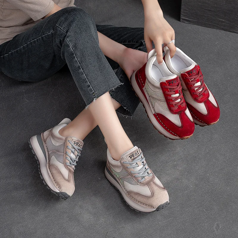 

Autumn winter Casual Sneakers Women first layer cowhide Mixed Colors Lace-Up Round Toe Platform Shoes Lady Flats Handmade 780-1