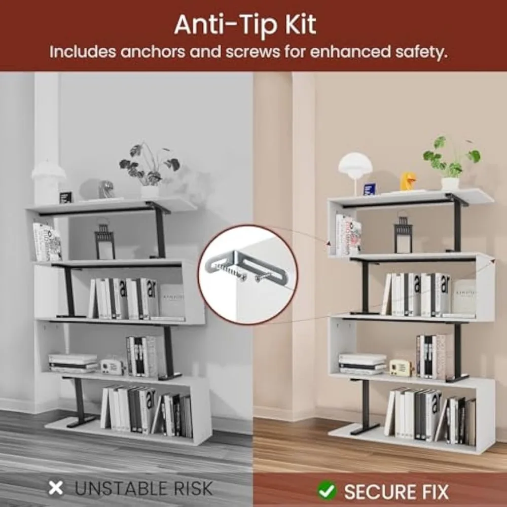 رف كتب من 5 طبقات، خزانة كتب طويلة ذات سعة كبيرة، رف تخزين متعدد الوظائف للكتب والديكور والنباتات، متين وأنيق