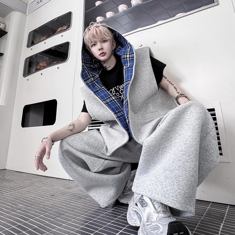 

Casual Men's Zipper Hooded Open Cardigan And Pants Set with Blue Plaid Splicing Wide Leg Knife Pants Leisure Sweatpants