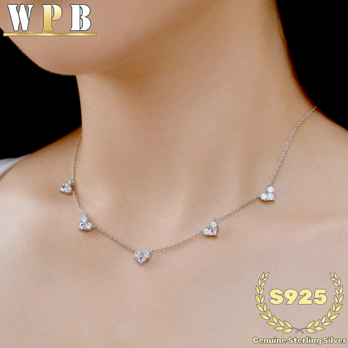 S925 Sterling Silver 5 Hearts Necklace Pave Sparkling Zircon Heart Pendant Romantic Jewelry for Women Valentine Anniversary Gift