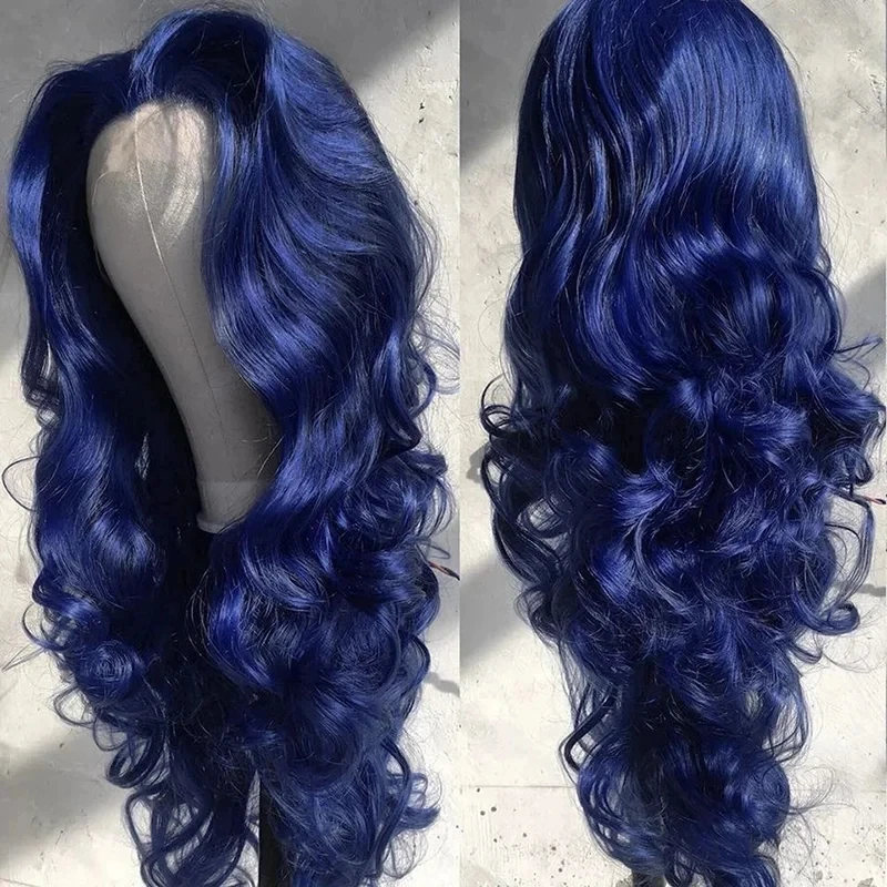 Drak Blue Colored Body Wave Glueless Synthetic Hair Lace Front Wig For Black Women High Temperature Fiber Cosplay