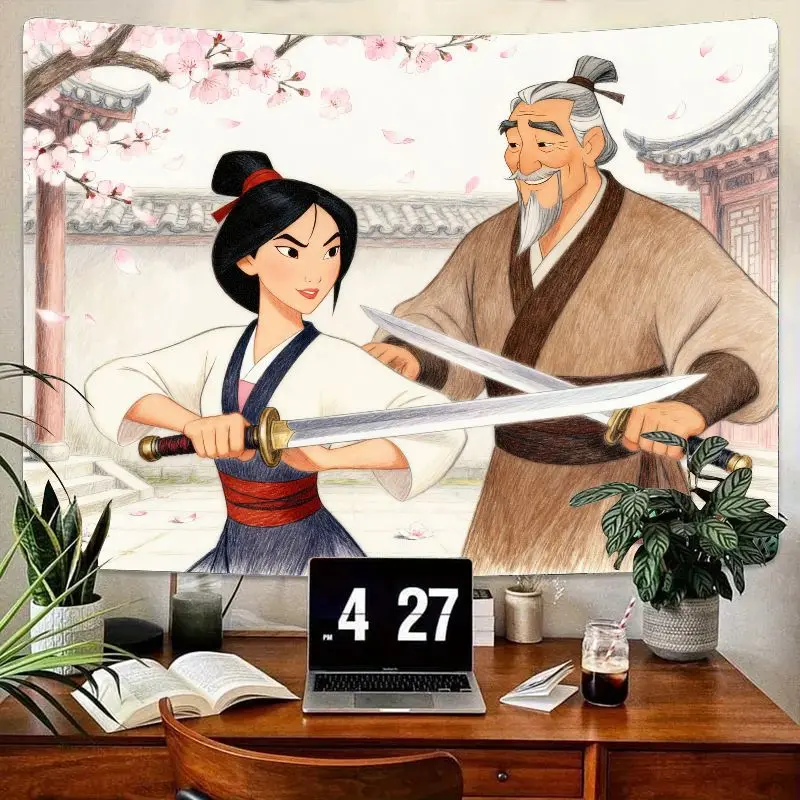 

1 шт. Disney Mulan & Fa Zhou Warrior Training Tapestry, настенное искусство с вишневым цветком, полиэстеровый домашний декор для спальни, гостиной, подарок