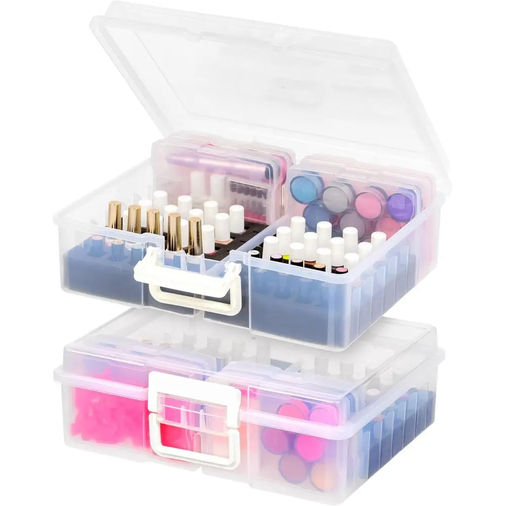 

Косметический кейс-органайзер для лаков для ногтей с 4 внутренними отделениями и ручкой, 2 шт., портативный кейс для хранения косметики и принадлежностей для хобби, вместимость 44 предмета