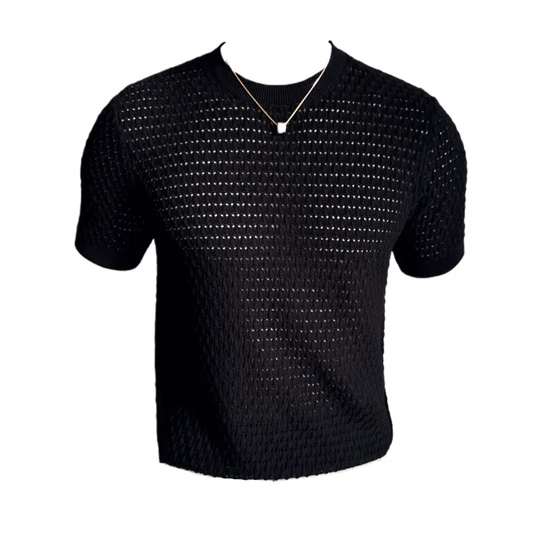 Summer Ice Silk Hollow Knitted T-shirts Men Round Neck Short Sleeve T-shirt Men\'s Elastic Round Neck Casual Business Tee Tops