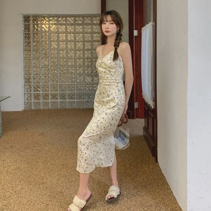 

Women Summer Print Slip Maxi Dress Lady Fashion V Neck Floral Ruffle Drape Slit Dress Female Beach Vacation Dress