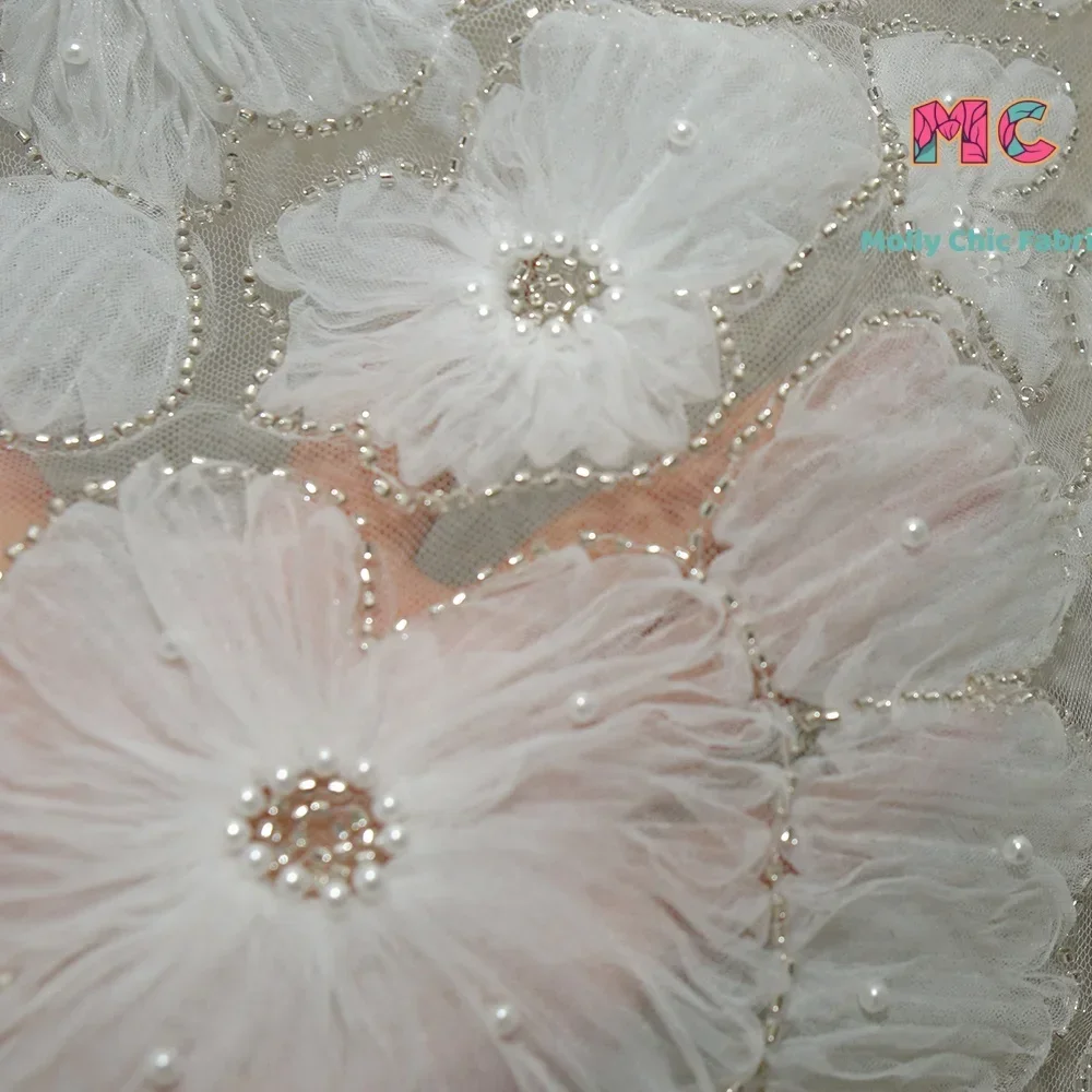 Flower 3D Nail Bead Embroidery Lace Breathable Fabric Sewing Wedding Dress Evening Dress Adult Dress Fabrics For Sewing